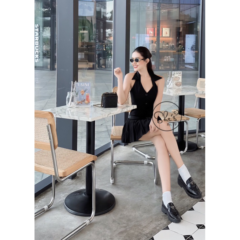 🌸 váy yếm cổ xếp ly có lót quần - kèm luôn belt rời 🌸