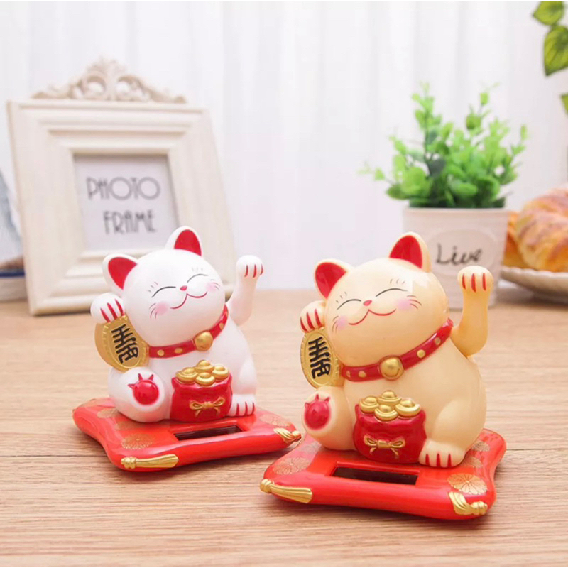 Mèo thần tài vẫy tay Mini dùng năng lượng mặt trời, Mèo may mắn Maneki Neko nhỏ gọn màu sắc tươi tắn sống động