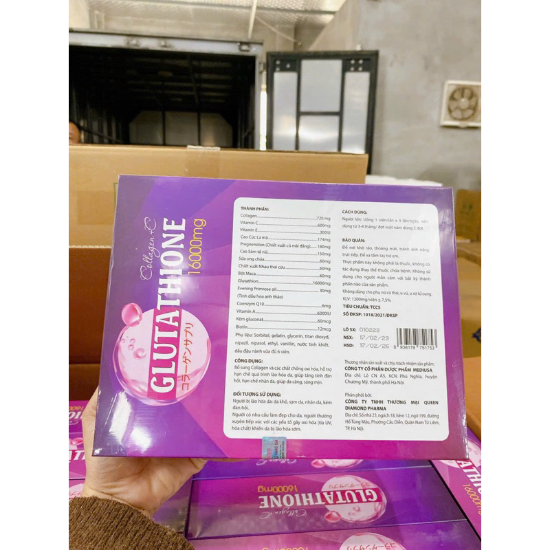 Hộp 60 Viên Glutathione 16000mg, Glu 16000 Collagen+C , Viên Uống Trắng Da, Mờ Nám, Chống Lão Hoá