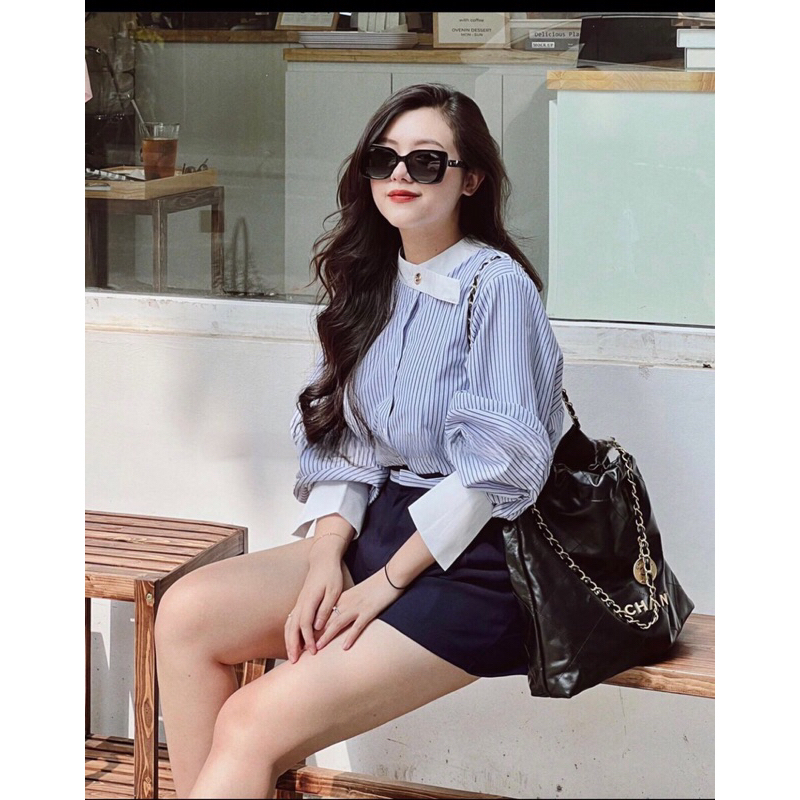 Áo sơ mi kẻ xanh phối cổ , Áo  sơ mi dài tay phong cách hàn quốc / ginastore