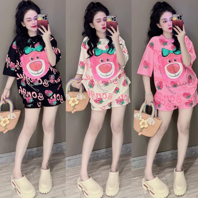 [ Rẻ vô địch ] Set bộ đùi chất cotton su form rộng tay lỡ - Gấu đeo nơ in full