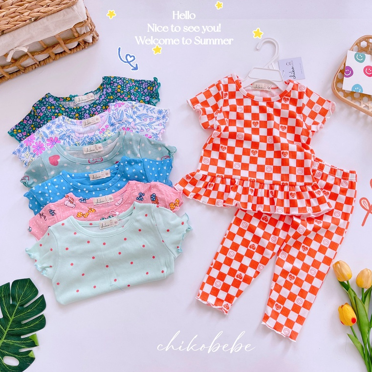 Bộ cộc tay quần lỡ viền bèo Miwookids cho bé gái (8-20kg) - DB75
