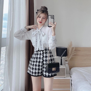 Sét Áo sơ mi Lụa cổ chữ buộc nơ mix quần kẻ Dạ sang chảnh (hàng sẳn -hình thật)