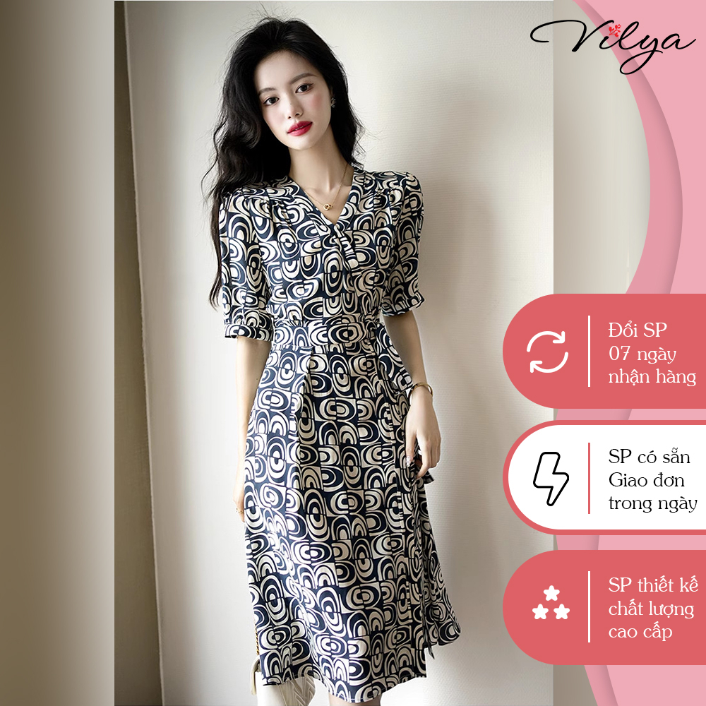 Đầm họa tiết xanh than dáng xòe VILYA cổ V tay ngắn phối đai VD23-093