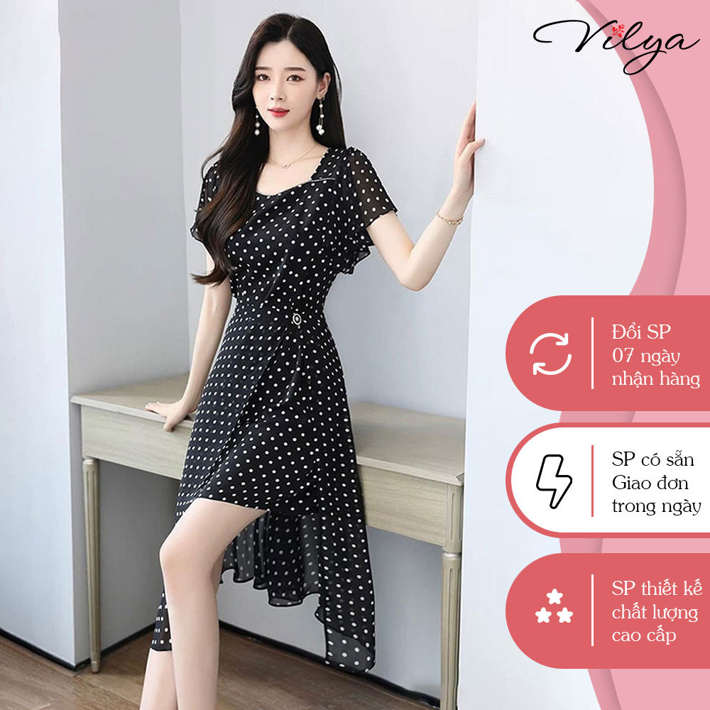 Đầm nữ VILYA màu đen chấm bi dáng xòe A phối vạt VD012