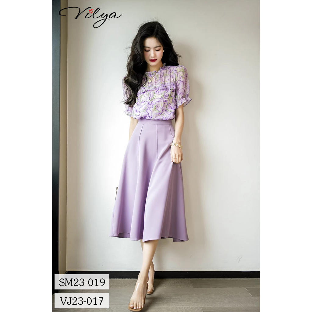 Set sơ mi chân váy công sở VILYA voan hoa tím cổ nhún SM23-019