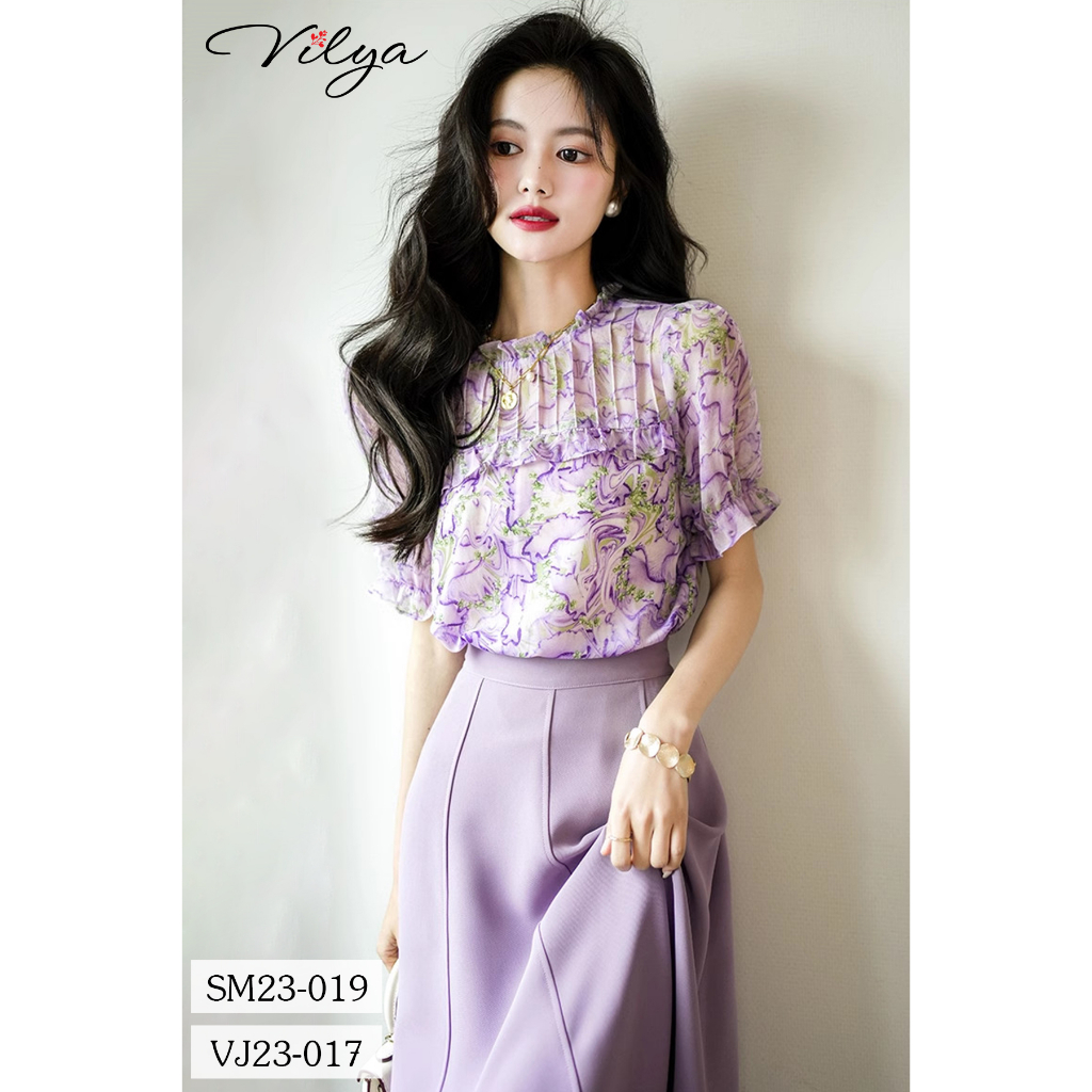 Set sơ mi chân váy công sở VILYA voan hoa tím cổ nhún SM23-019