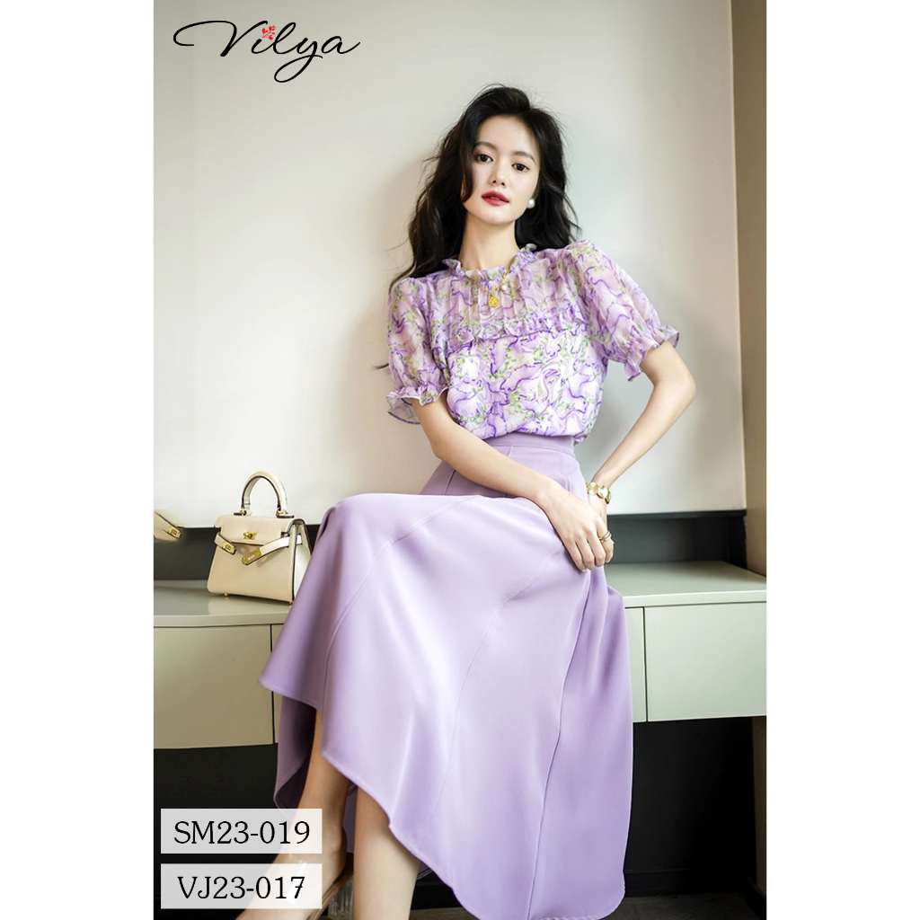 Set sơ mi chân váy công sở VILYA voan hoa tím cổ nhún SM23-019