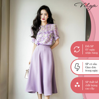 Set sơ mi chân váy công sở vilya voan hoa tím cổ nhún sm23-019