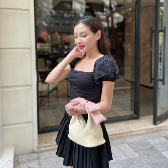 Túi Chow bag Hérisson màu kem + nơ hồng bản xách tay