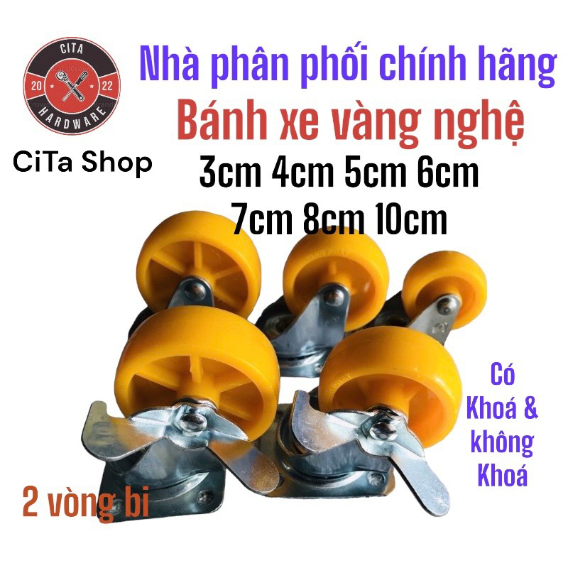 Bánh xe vàng nghệ 3cm, 4cm, 5cm, 6cm, 7cm, 8cm, 10cm - 2 Vòng Không Khóa - Có Khóa