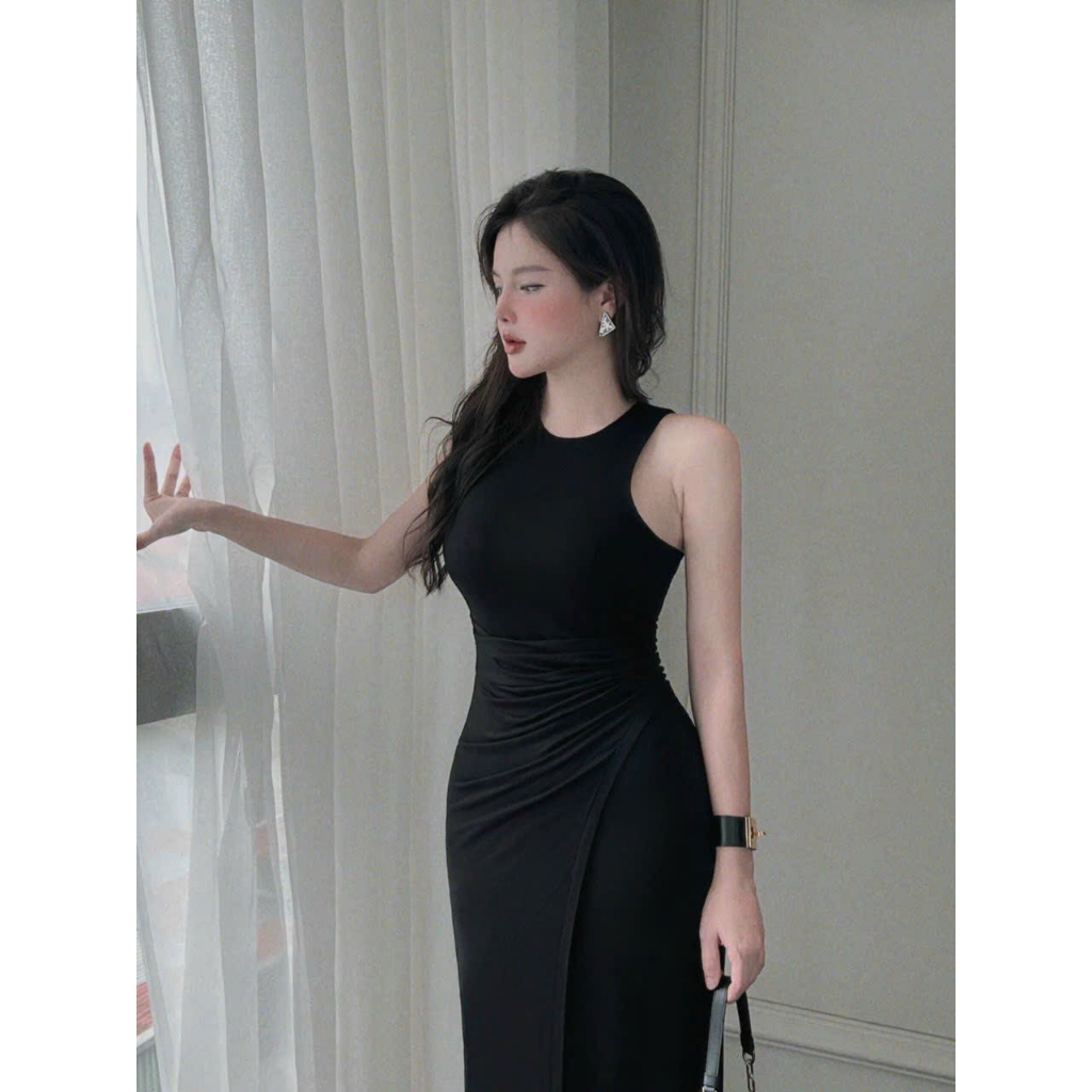 Đầm ôm ba lổ sát nách nhún eo đắp tà chéo tôn dáng - chất thun dẻo