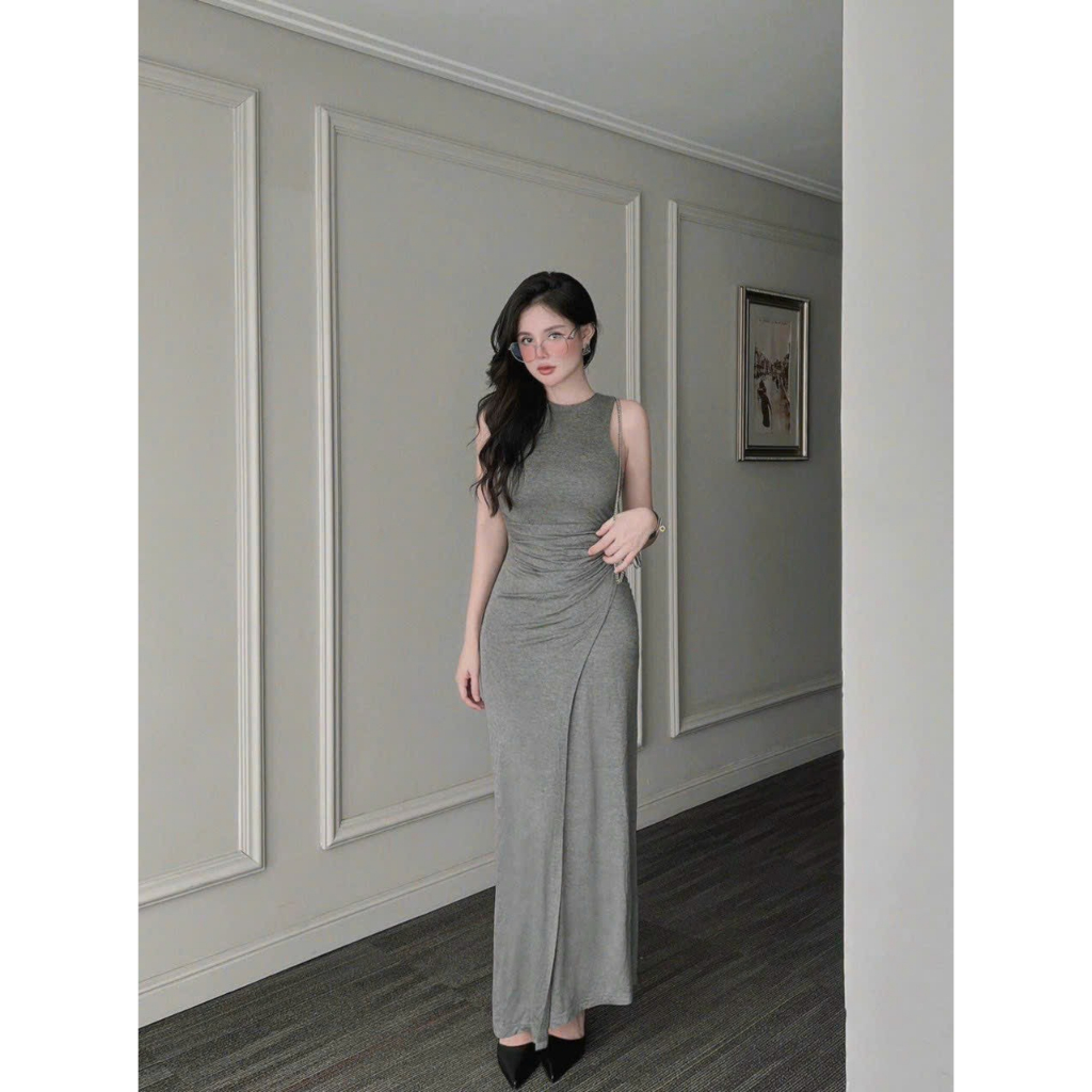 Đầm ôm ba lổ sát nách nhún eo đắp tà chéo tôn dáng - chất thun dẻo