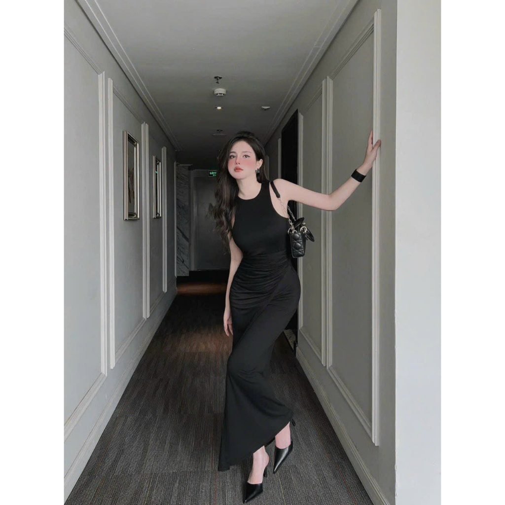 Đầm ôm ba lổ sát nách nhún eo đắp tà chéo tôn dáng - chất thun dẻo