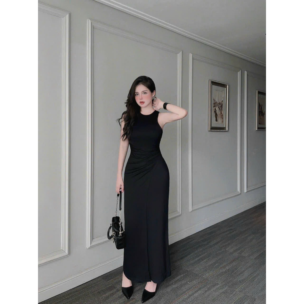 Đầm ôm ba lổ sát nách nhún eo đắp tà chéo tôn dáng - chất thun dẻo