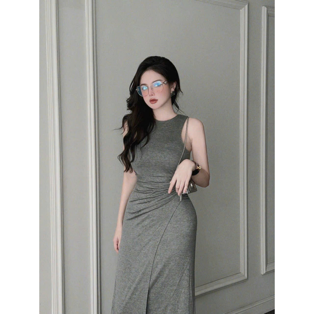 Đầm ôm ba lổ sát nách nhún eo đắp tà chéo tôn dáng - chất thun dẻo