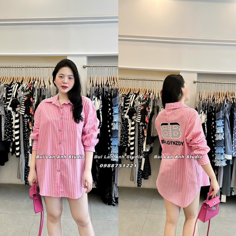 Áo Sơ Mi Nữ Kẻ Sọc In Chữ BB Dài Tay From Rộng Kèm Ảnh Thật