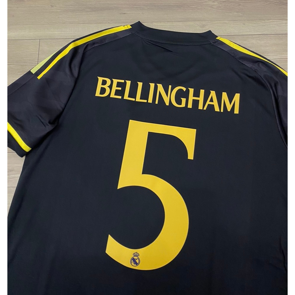 Bộ quần áo bóng đá Real đen sân khách  in tên BELLINGHAM số 5