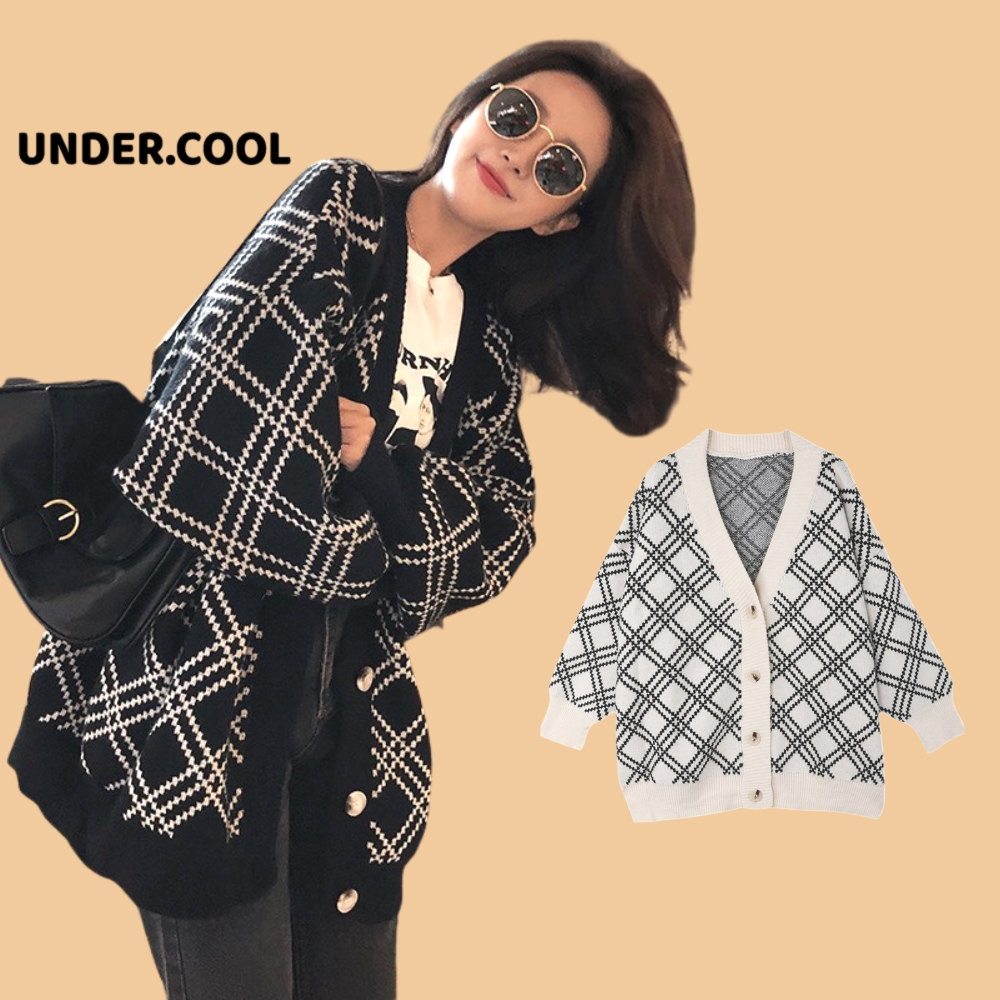 Áo Khoác Cardigan Dáng Dài Len Dày Dặn Hoạ Tiết Quả Trám sọc chéo UNDERCOOL