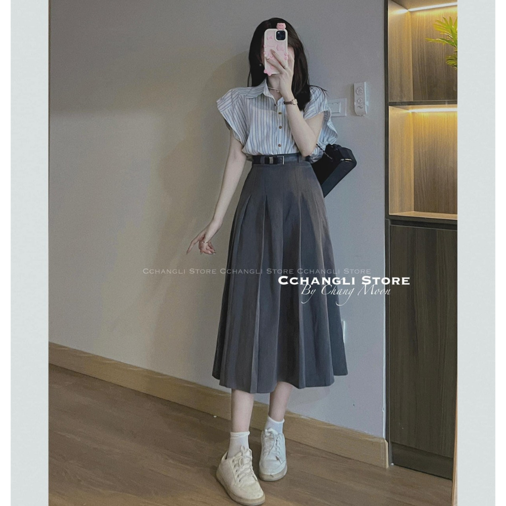 Chân váy xếp ly dáng dài kèm đai chất ruby - 247store.vn - Chanvay2955_P6K15