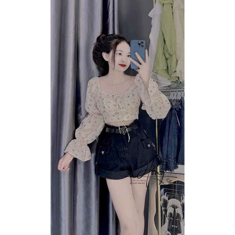 Áo bẹt vai  hoa nhí tay dài phồng cột nơ ngực - A3P