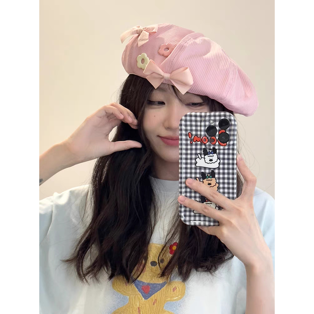 M14 Mũ Beret Đính Nơ Hồng Ngọt Ngào Thời Trang Phong Cách Nhật Bản
