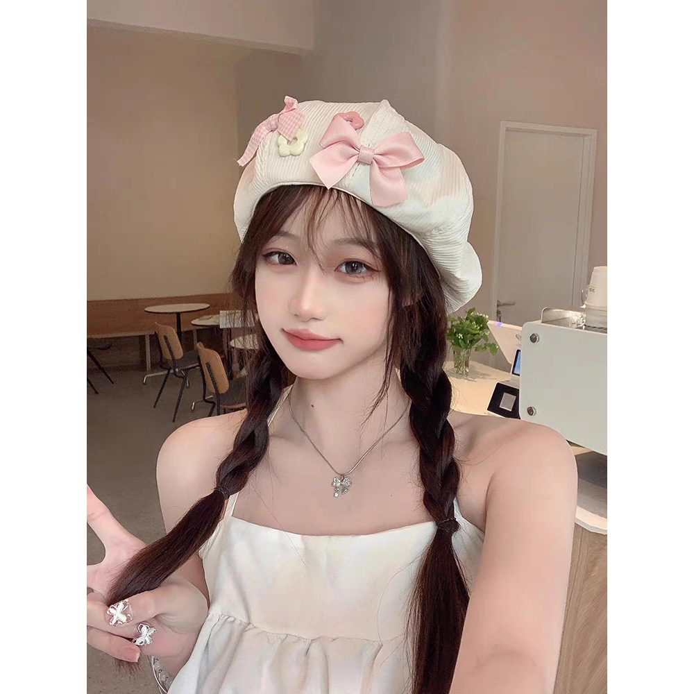 M14 Mũ Beret Đính Nơ Hồng Ngọt Ngào Thời Trang Phong Cách Nhật Bản
