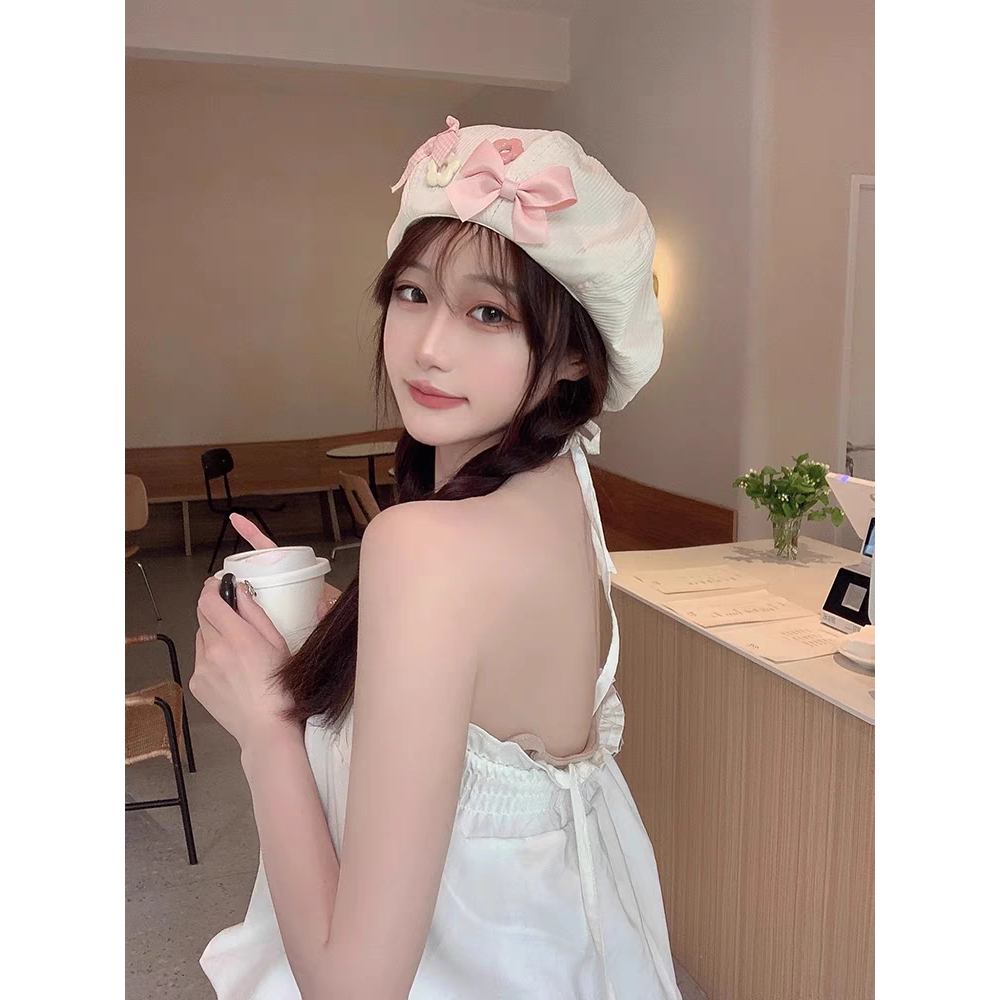 M14 Mũ Beret Đính Nơ Hồng Ngọt Ngào Thời Trang Phong Cách Nhật Bản