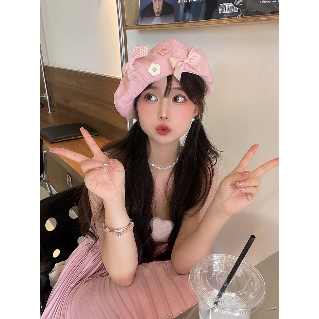 M14 Mũ Beret Đính Nơ Hồng Ngọt Ngào Thời Trang Phong Cách Nhật Bản