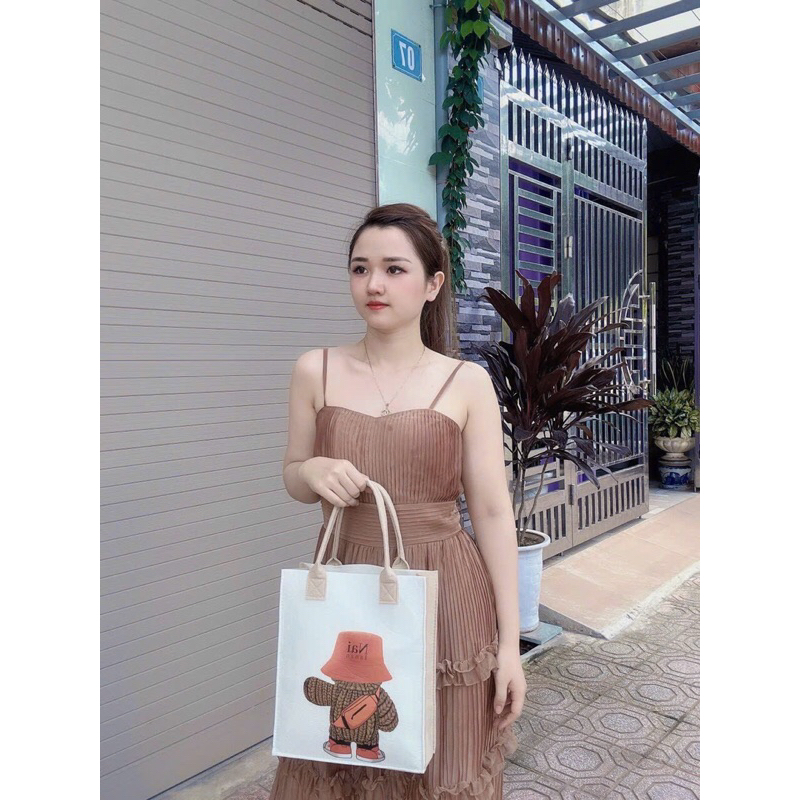 Túi vải nỉ tote tiện lợi đa năng hoạ tiết hoạt hình gấu dâu