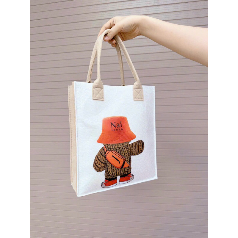 Túi vải nỉ tote tiện lợi đa năng hoạ tiết hoạt hình gấu dâu