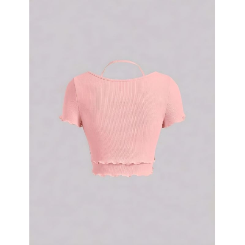 Áo thun gân tay ngắn loe 2 lớp vòng cổ đáng yêu nhiều màu