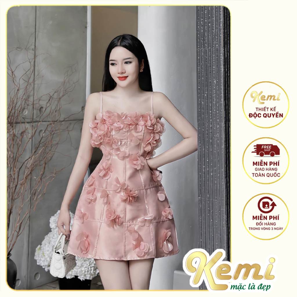 Váy đi tiệc đầm tiểu thư 2 dây đính hoa chi chít cùng đường kẻ ấn tượng, dáng váy A Kemi chất Tafta cao cấp