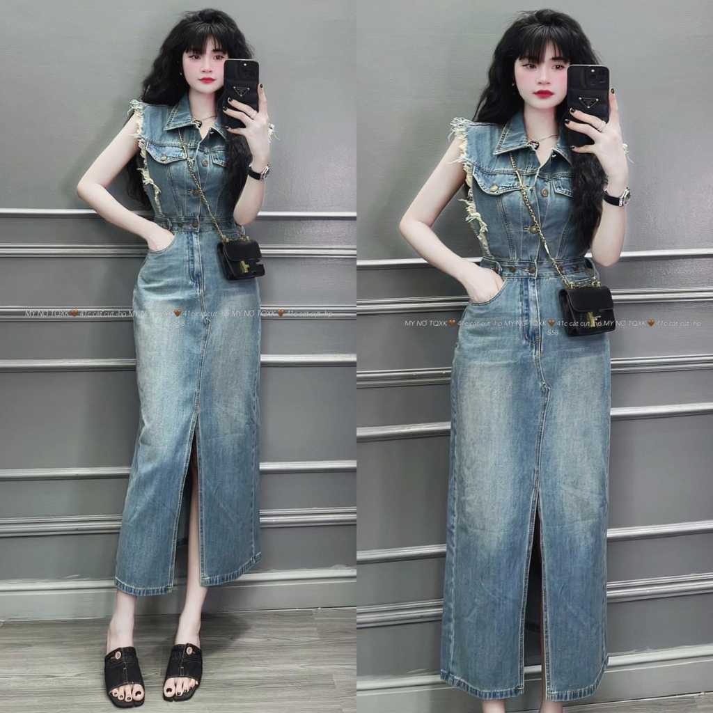 VÁY JEAN GIẶT RÁCH TUA GẤU