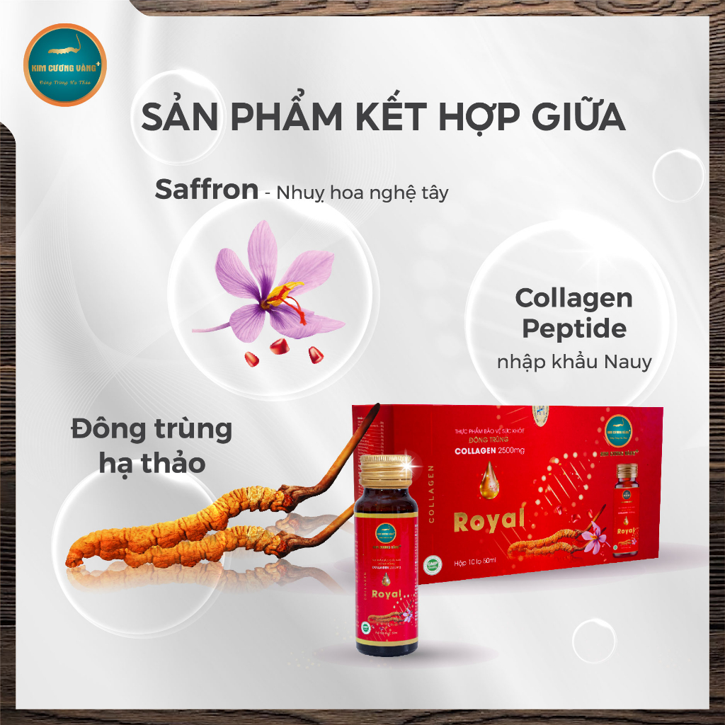 Collagen Đông Trùng Hạ Thảo Saffron Royal Dưỡng Da Kim Cương Vàng Hộp 10 chai