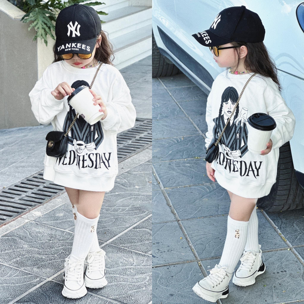 Áo nỉ cổ tròn cho bé hình wednesday, Áo sweater cho bé, TP KIDS,