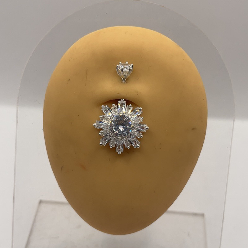 Khuyên rốn bạc chuẩn kết đá mặt 1,8cm