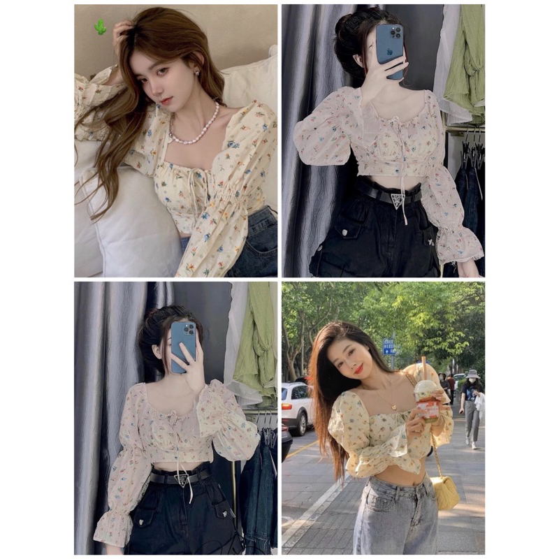 Áo bẹt vai  hoa nhí tay dài phồng cột nơ ngực - A3P