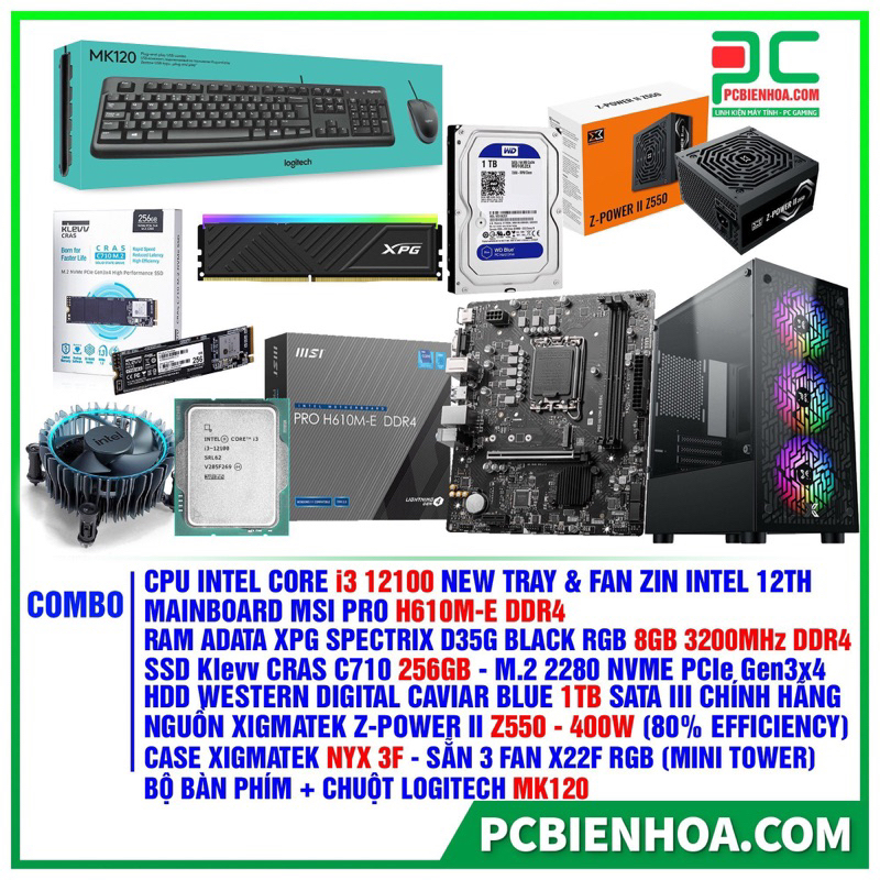 Combo PCVP I3 12100 H610M 8G 256G 1T 400W 36T