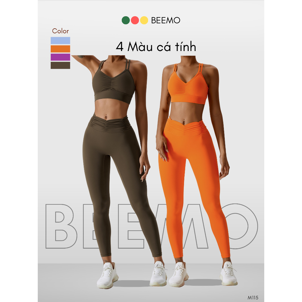 Bộ đồ tập Yoga cao cấp M115 co rúm ở ngực và hông, bộ thể thao nữ nhún áo bra lưng đan dây quyến rũ