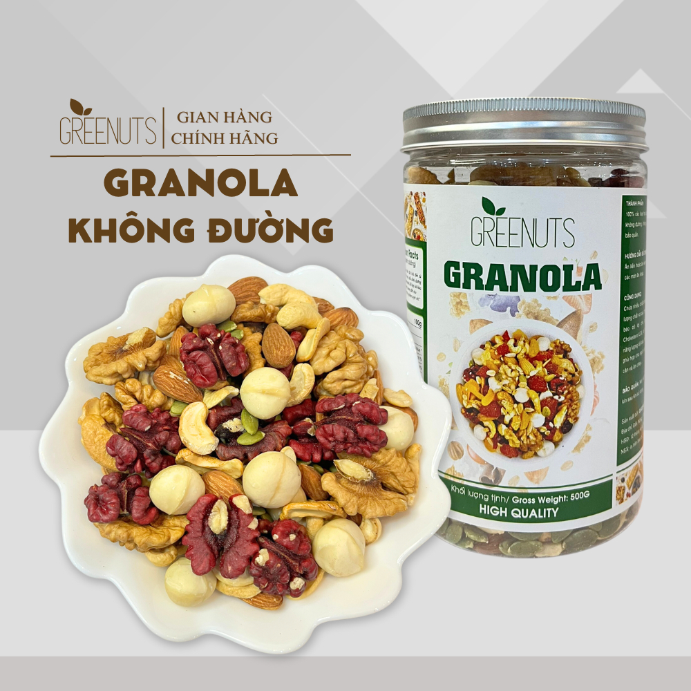 Granola Không Đường GREENUTS Ngũ Cốc Ăn Kiêng Mix 7 Loại Hạt Tốt Cho Người Tiểu Đường 500G