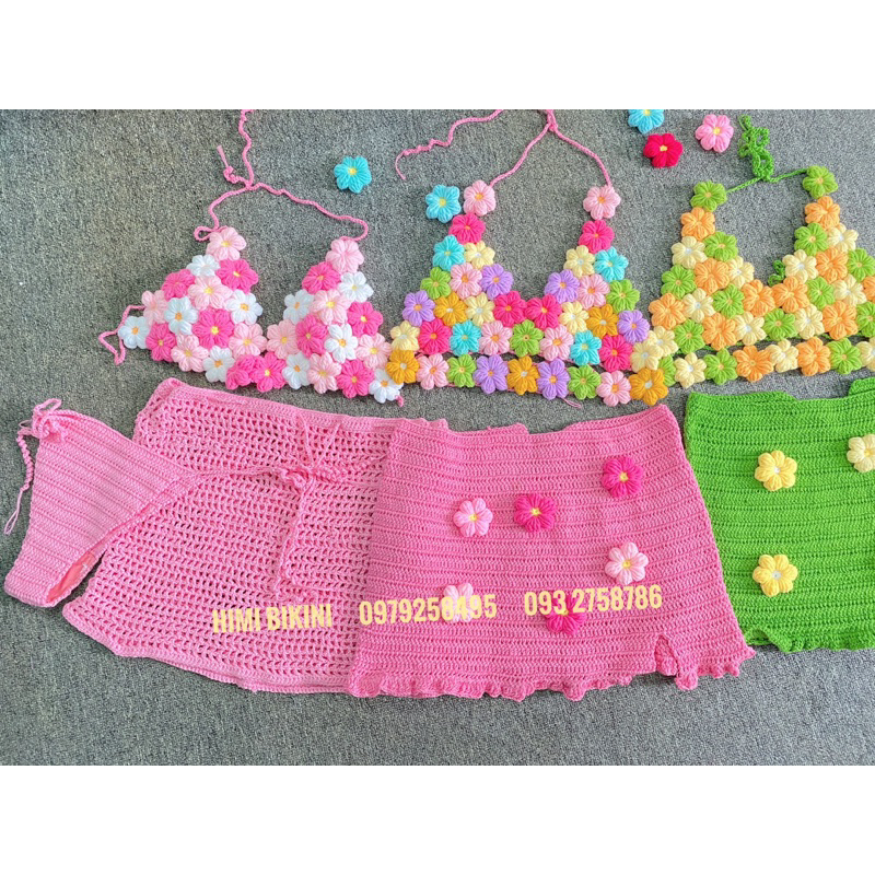 SET LEN HOA CHÂN VÁY LƯỚI PHỐI MÀU SIÊU ĐẸP HANDMADE , crochet