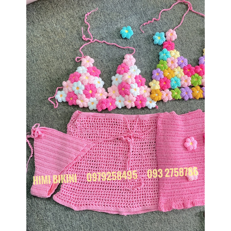 SET LEN HOA CHÂN VÁY LƯỚI PHỐI MÀU SIÊU ĐẸP HANDMADE , crochet