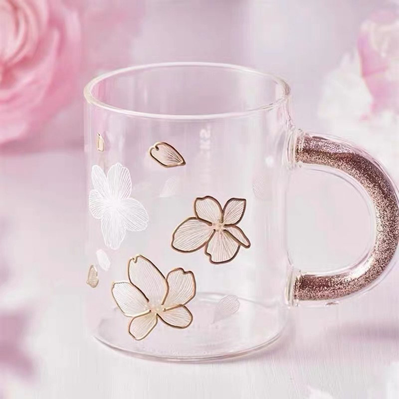 Ly cốc Starbucks nước cà phê Có Quai Cầm Màu Vàng Cherry Hoa Anh Đào, Kim Cương Chịu Nhiệt Cao 355ml