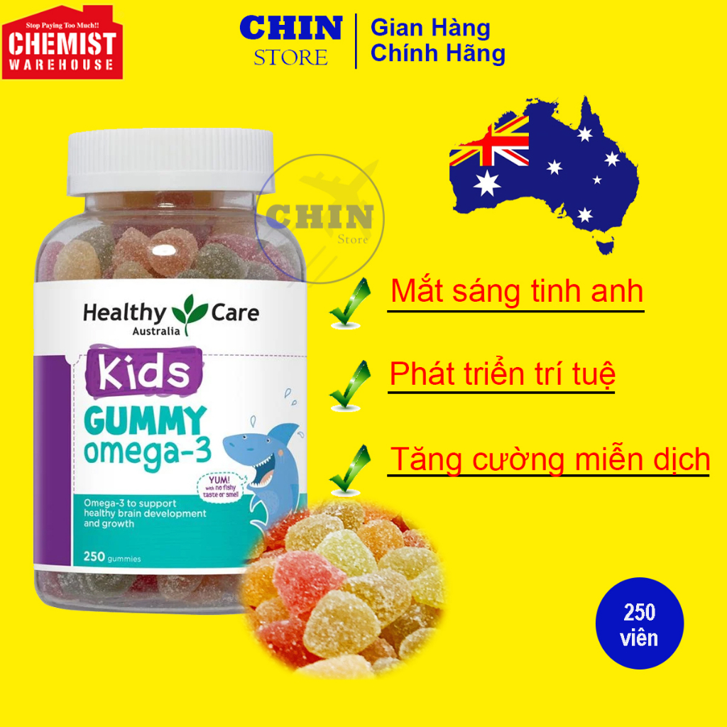 Kẹo dẻo bổ sung Omega 3 cho bé từ 2 tuổi Healthy Care Kids Gummy Omega-3 Úc 250 viên