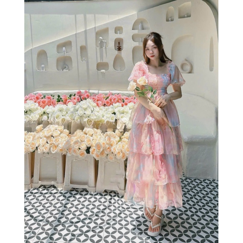 Đầm xoè voan hoa TRIPBLE T DRESS tay ngắn phồng xếp tầng - Free size dưới 54kg