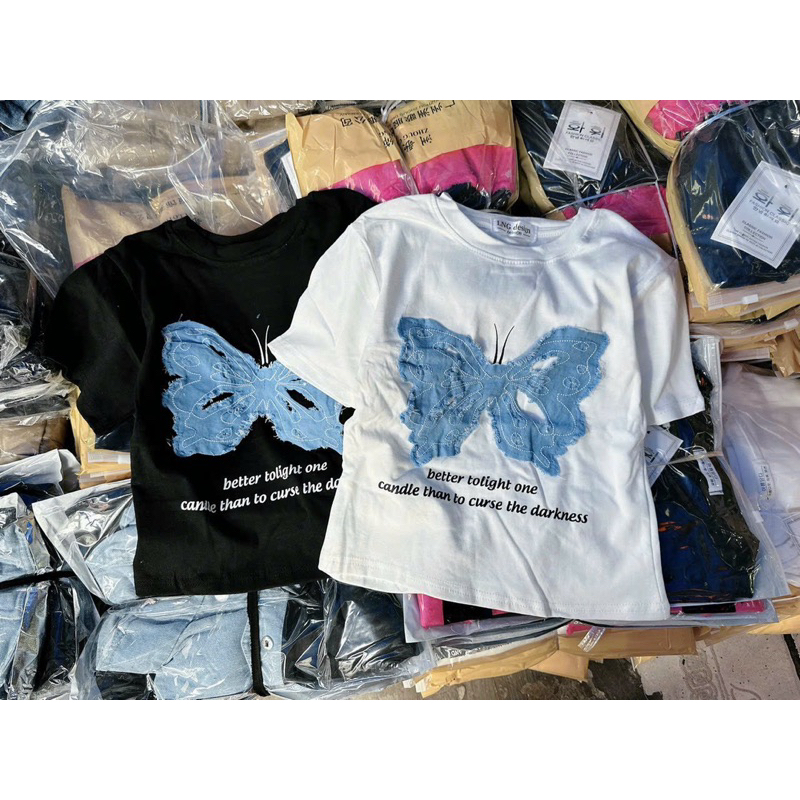 Áo thun croptop tay ngắn đính vải jeans tua rua