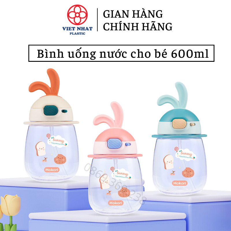 Bình uống nước hình tai thỏ cho bé bàng nhựa 600ml Hokori 0083 - Việt Nhật Plastic HN