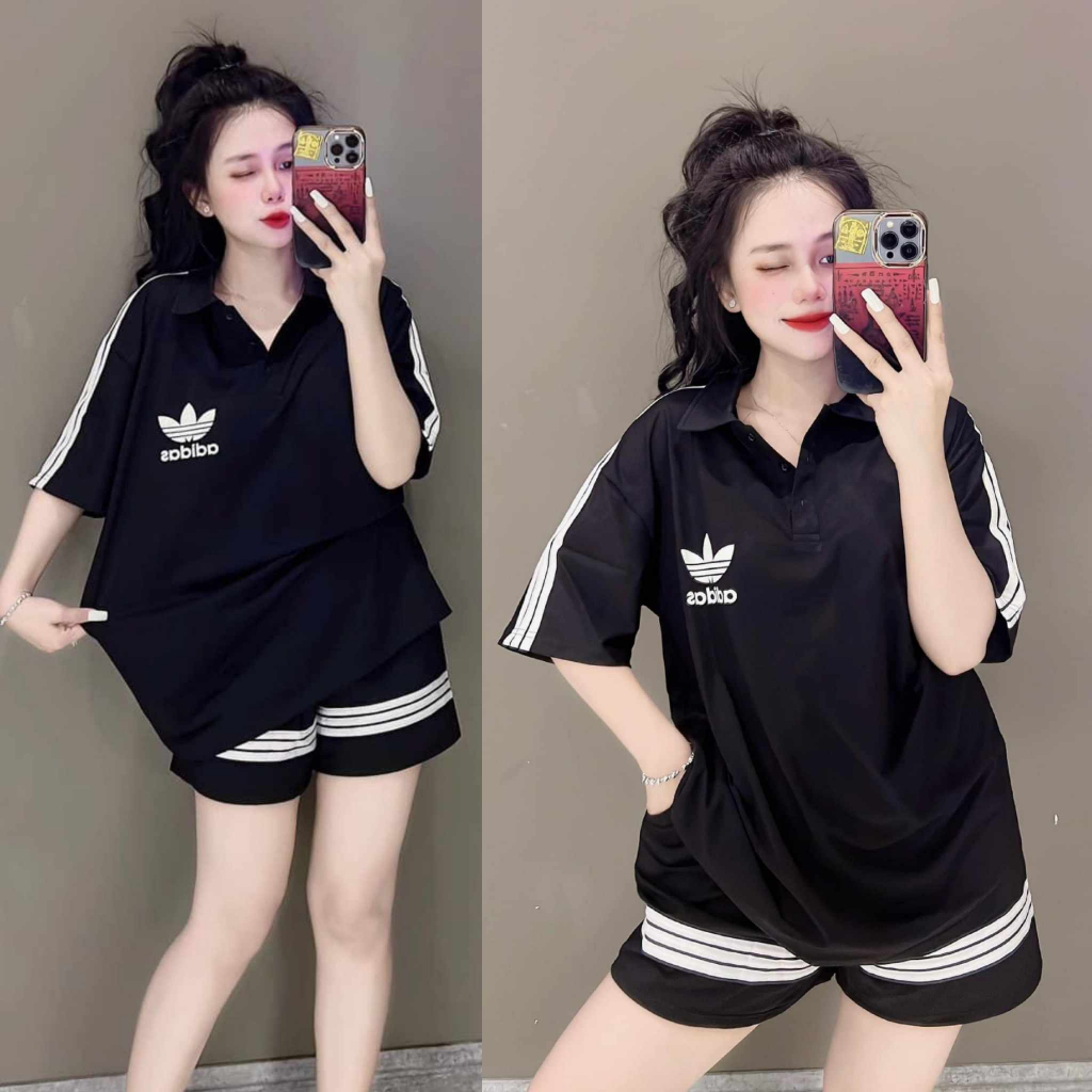Set đồ bộ ngố quần đùi lưng cao có túi và áo ngắn tay form rộng thêu chữ vải thun cotton gân dày, quần áo nữ, set đồ bộ
