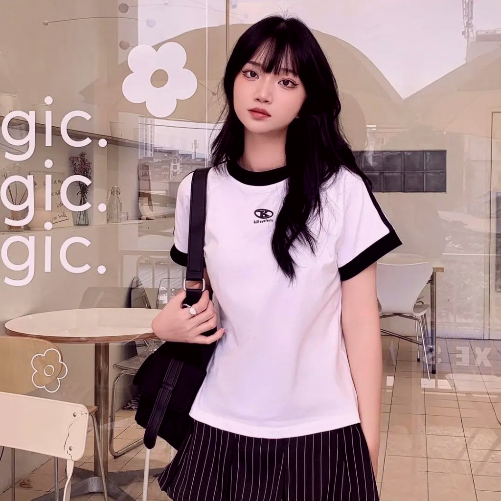 Áo thun baby tee Killsystem form fit Jessi,áo baby tee màu Trắng logo K viền tay chất vải cotton Seller.Localbrand